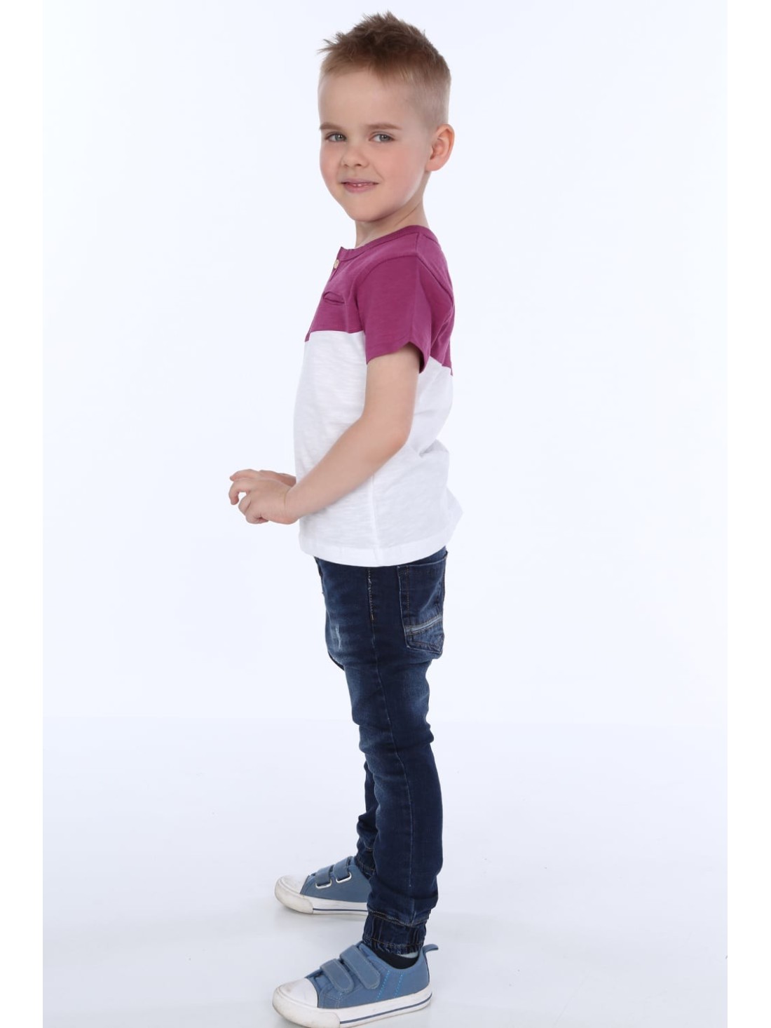 Boy\'s T-shirt with a button, purple and white NDZ4487 - Online store - Boutique